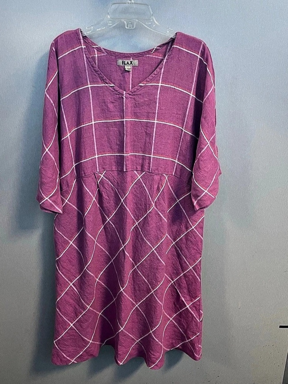FLAX Linen Geometric Midi Dress Pink Large